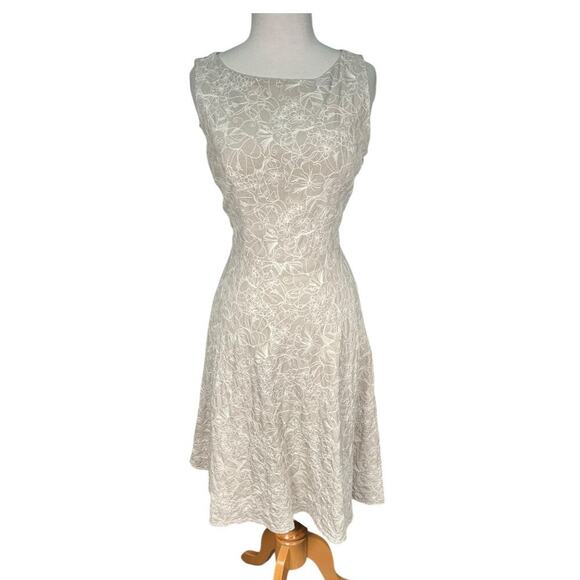 Adrianna Papell Linen Blend Dress Fit-and-Flare Light Weight Floral Embroidered - Picture 4 of 11